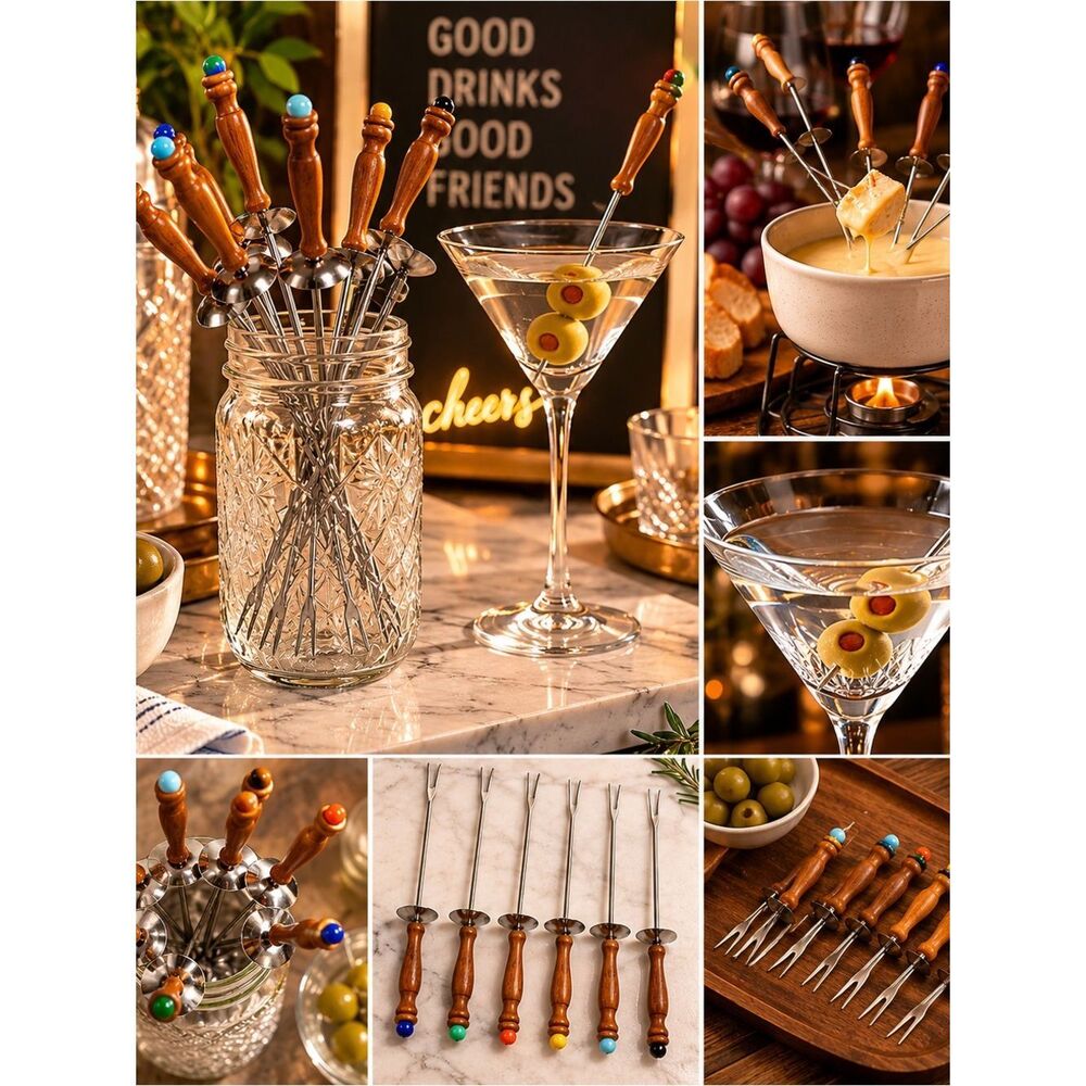 Vintage Mid-Century Cocktail Picks/Fondue– Set of 6 Wooden Handles w/ Color Tips